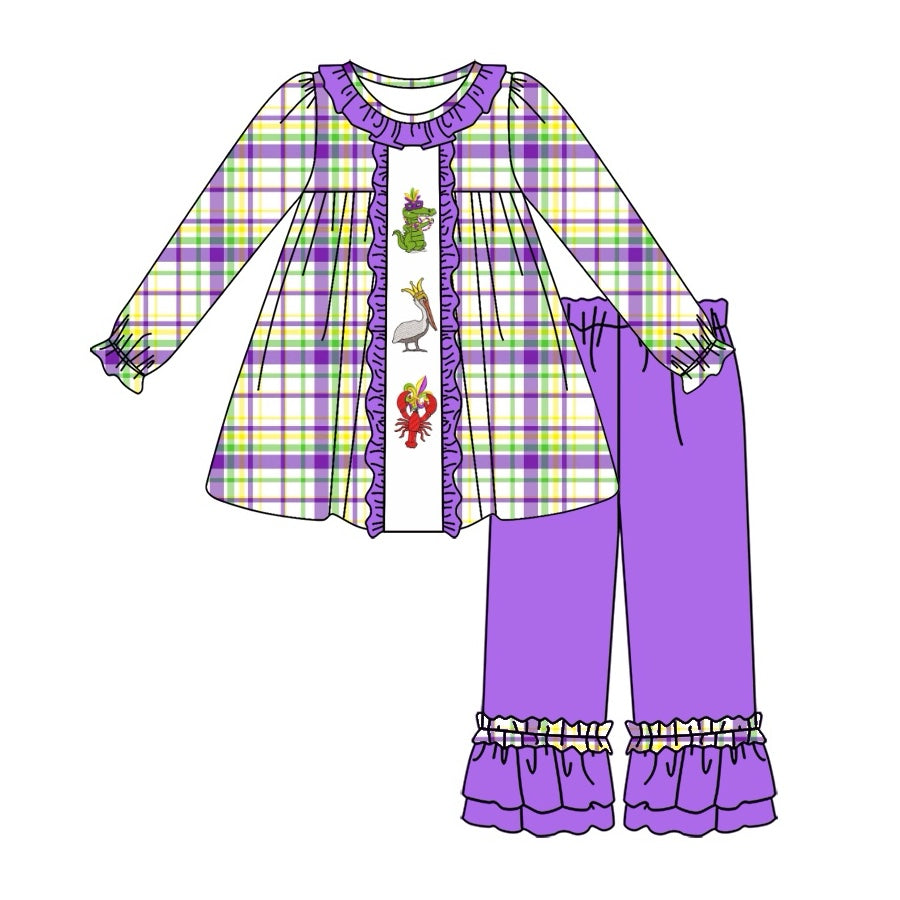 presale GLP2114  Mardi Gras Alligator Bird Lobster Purple Lace Plaid Long Sleeve Pants Set 2024 9.25