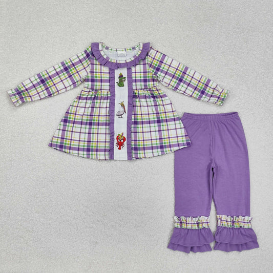 GLP2114 Mardi Gras Alligator Bird Lobster Purple Lace Plaid Long Sleeve Pants Set
