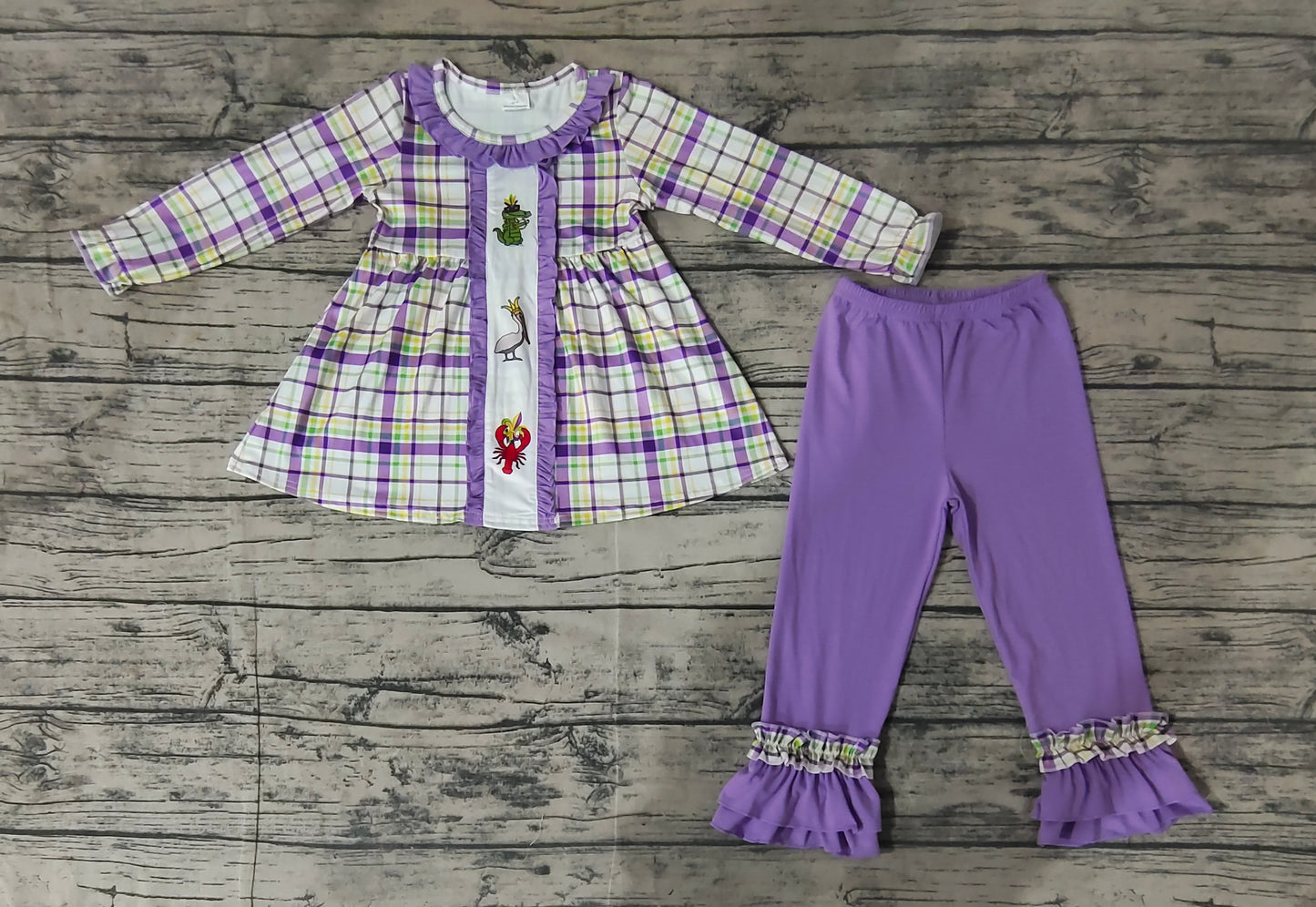 GLP2114  Mardi Gras Alligator Bird Lobster Purple Lace Plaid Long Sleeve Pants Set