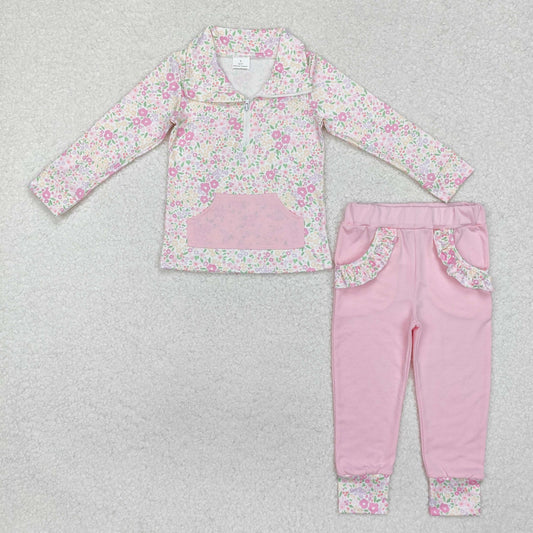 GLP2118 Floral Pink Pocket Zipper Long Sleeve Pants Set
