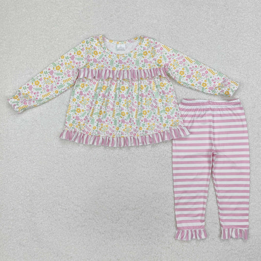 GLP2119 Flower and Leaf Lace Long Sleeve Pink Striped Trousers Set