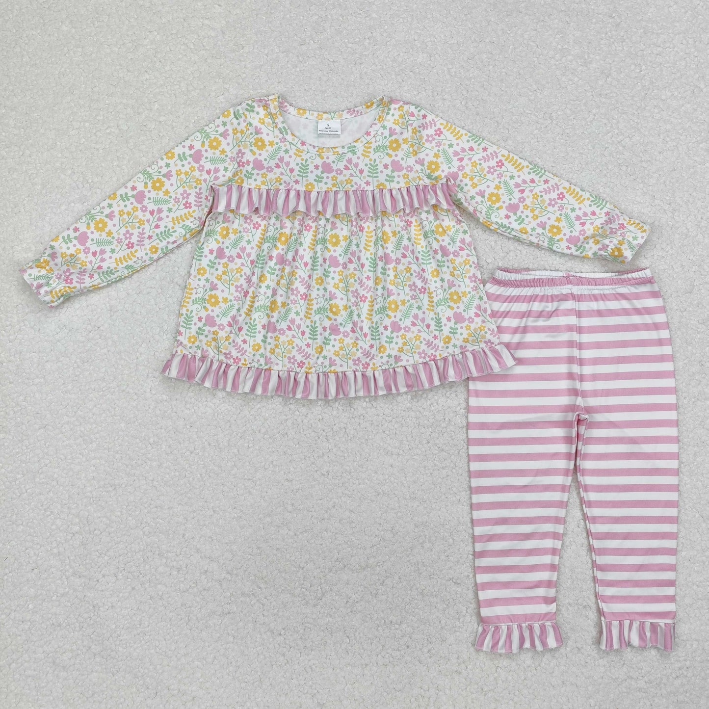 GLP2119 Flower and Leaf Lace Long Sleeve Pink Striped Trousers Set