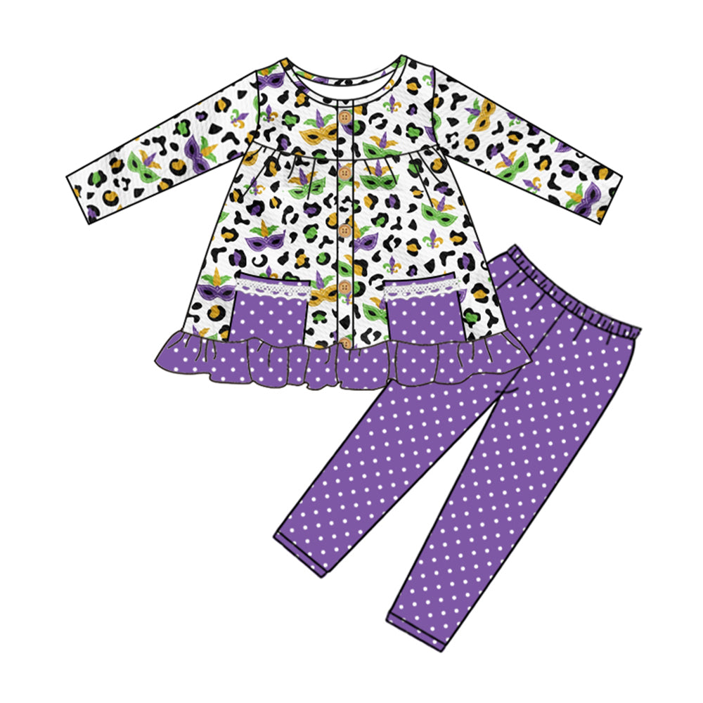 presale GLP2125  Carnival Mask Leopard Print Polka Dot Purple Lace Pocket Button Long Sleeve Pants Set  2024 9.27