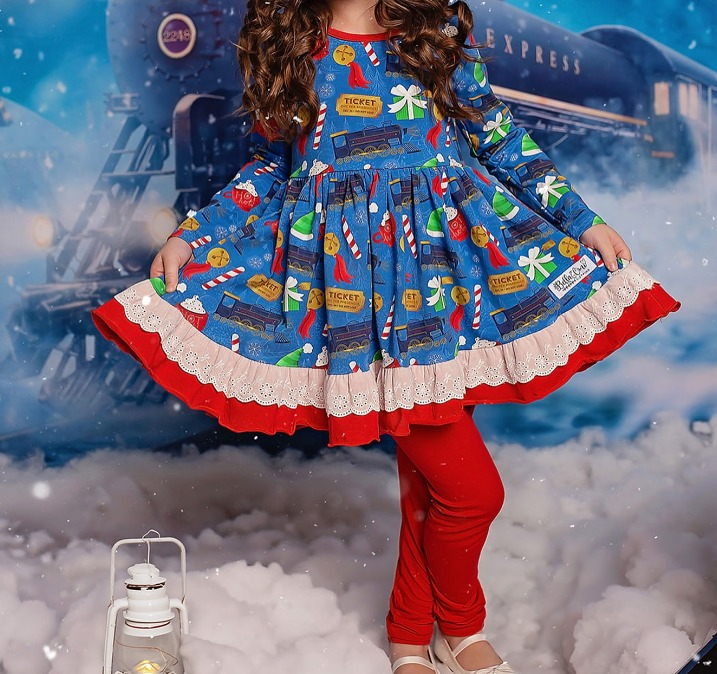 presale GLP2130  Christmas Train Gift Lace Blue and Red Long Sleeve Pants Set  2024 9.28