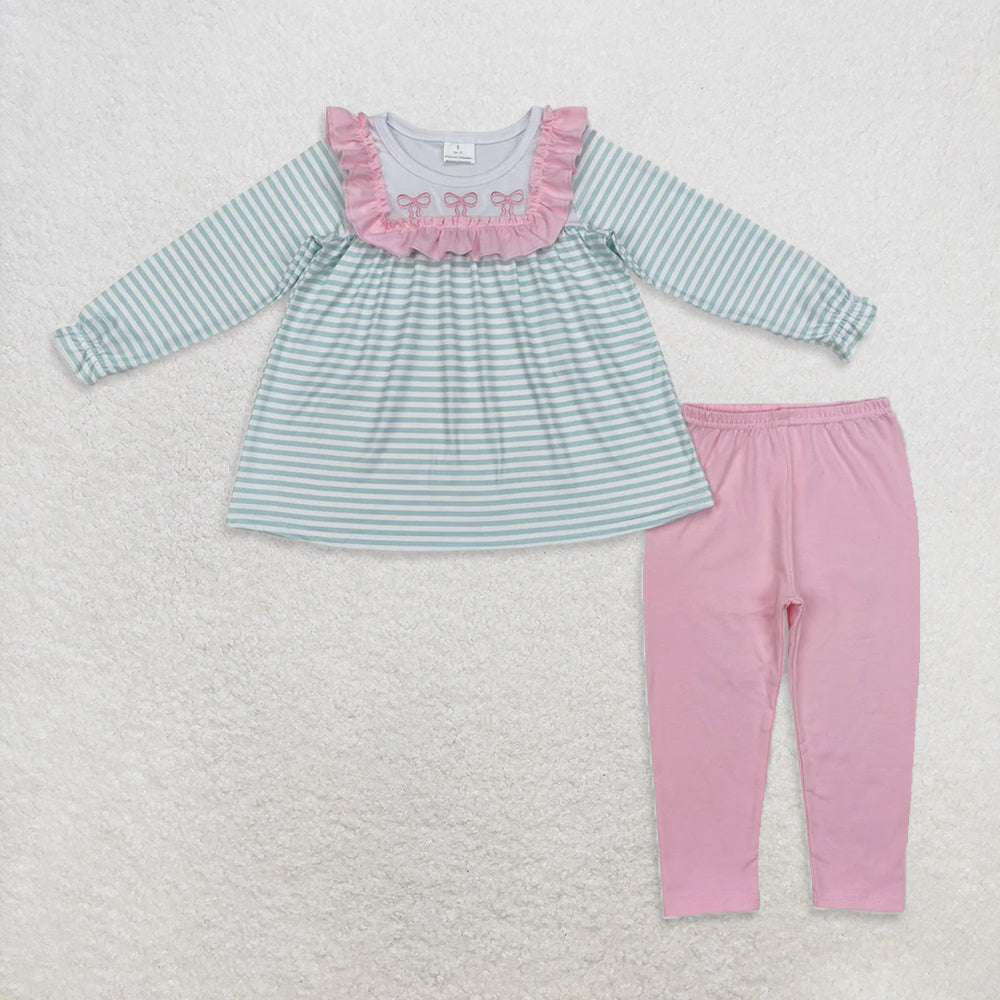 Sibling Baby Girls Embroidery Bows Stripe Tunic Leggings Pants Clothes Sets  D 1018
