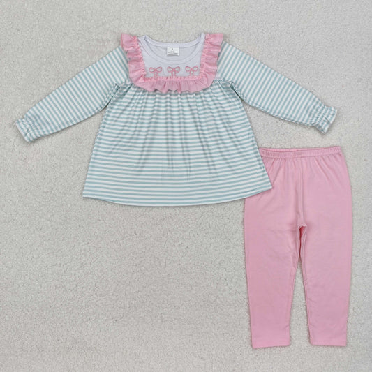 GLP2135 Bow pattern striped pink lace long sleeve trousers set