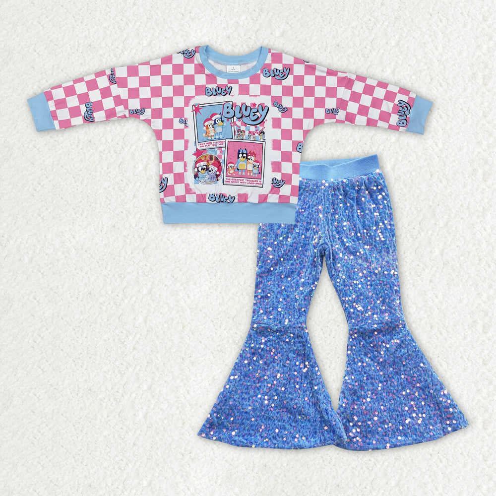 GLP2139 Baby Girls Christmas Cartoon Dog Top Blue Sequin Pants Set