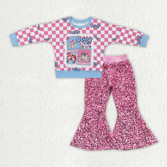 GLP2140 Baby Girls Christmas Cartoon Dog Top Pink Sequin Pants Set