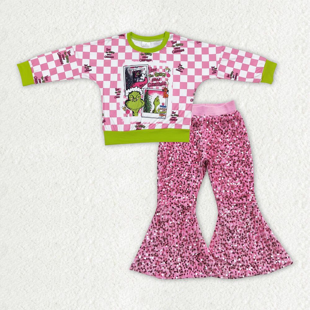 GLP2141 Baby Girls Christmas Green Face Top Pink Sequin Pants Set