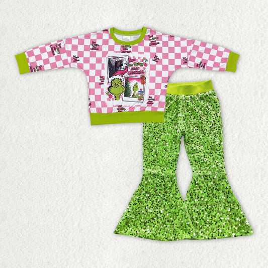 GLP2142 Baby Girls Christmas Green Face Top Green Sequin Pants Set