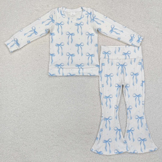 GLP2143 Baby Girls Blue Bows Cable Print Shirt Bell Pants Clothes Sets
