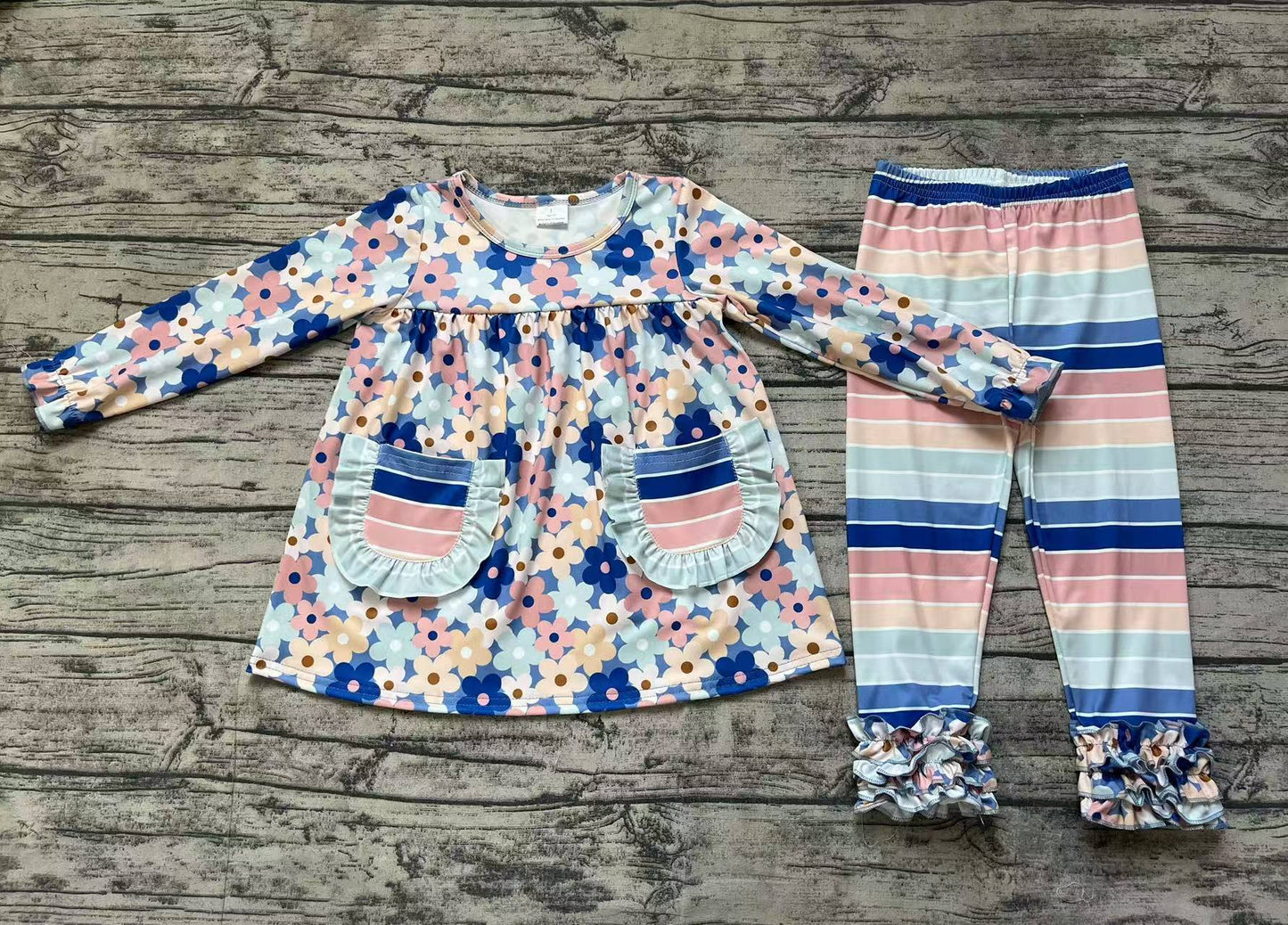 GLP2144 Powder blue floral pocket long sleeve colorful striped trousers suit