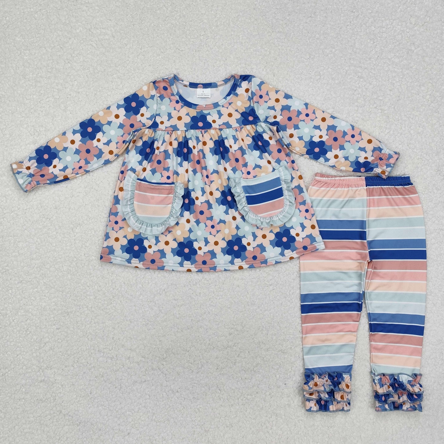 GLP2144 Powder blue floral pocket long sleeve colorful striped trousers suit