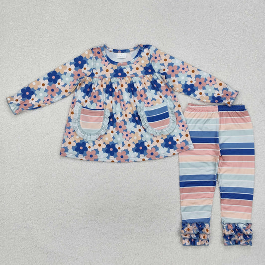 GLP2144 Powder blue floral pocket long sleeve colorful striped trousers suit
