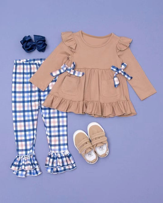 presale GLP2146 Blue plaid bow brown lace long-sleeved trousers suit  2024 10.8