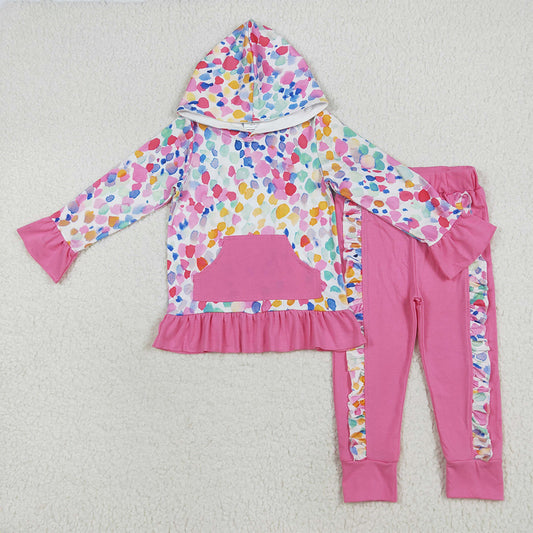 GLP2151 Colorful Watercolor Pattern Rose Red Lace Pocket Hooded Long Sleeve Pants Set D 6.18