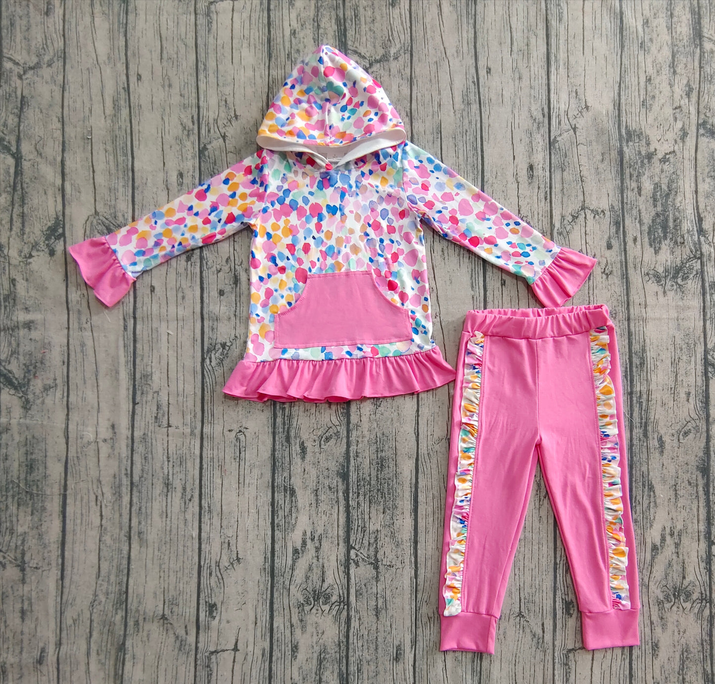 GLP2151 Colorful Watercolor Pattern Rose Red Lace Pocket Hooded Long Sleeve Pants Set D 6.18