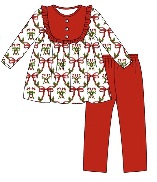 presale GLP2156  Christmas Bow Pattern Red Lace White Long Sleeve Pants Set 2024 10.8