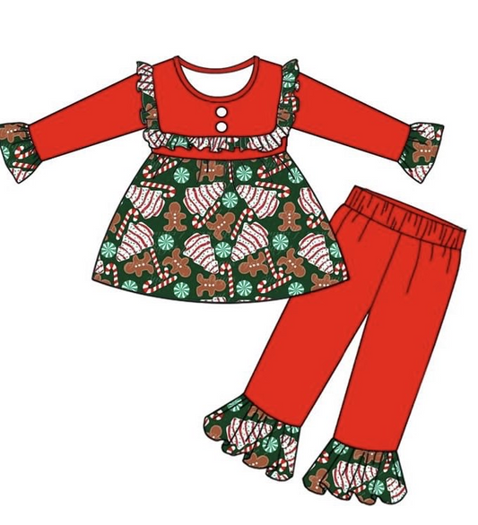 presale GLP2158  Christmas Tree Cane Gingerbread Man Lace Red Long Sleeve Pants Set 2024 10.8