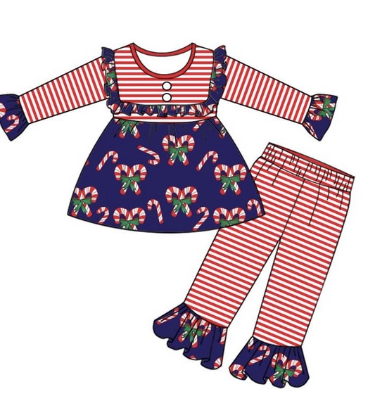presale GLP2159  Christmas Cane Red Stripe Navy Blue Long Sleeve Pants Suit 2024 10.8