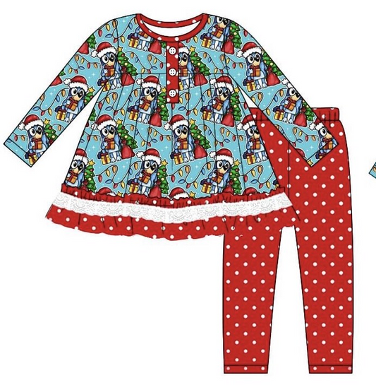 presale GLP2160 Christmas Lights Lace Polka Dot Red Lace Blue Long Sleeve Pants Set  2024 10.8