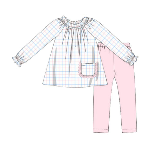 presale GLP2173 Powder Blue Plaid Lace Pocket Long Sleeve Pants Set  2024 10.10