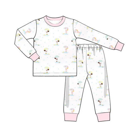 presale GLP2182 Raindrops holding umbrella kids pink and white long sleeves and long pants pajamas set 2024 10.10