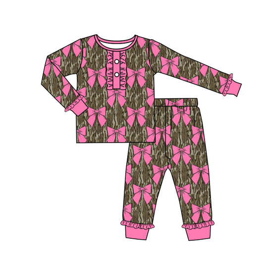 presale GLP2187 Rose Red Bow Pattern Lace Camouflage Long Sleeve Long Pants Pajama Set 2024 10.14