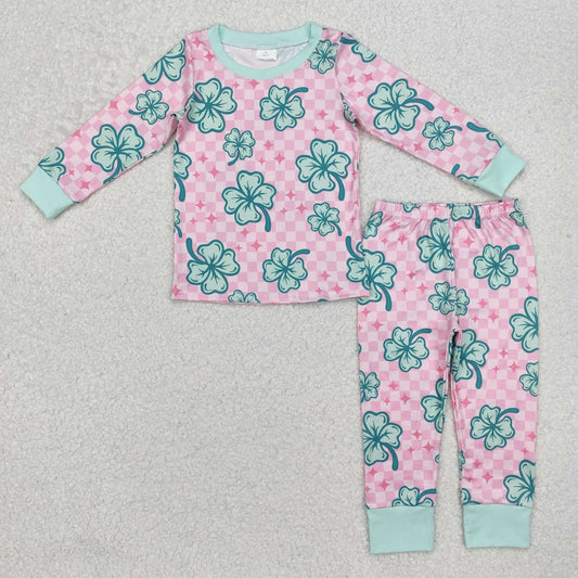 GLP2192 Four-leaf Clover Pink Plaid Green Trim Long Sleeve Long Pants Pajama Set