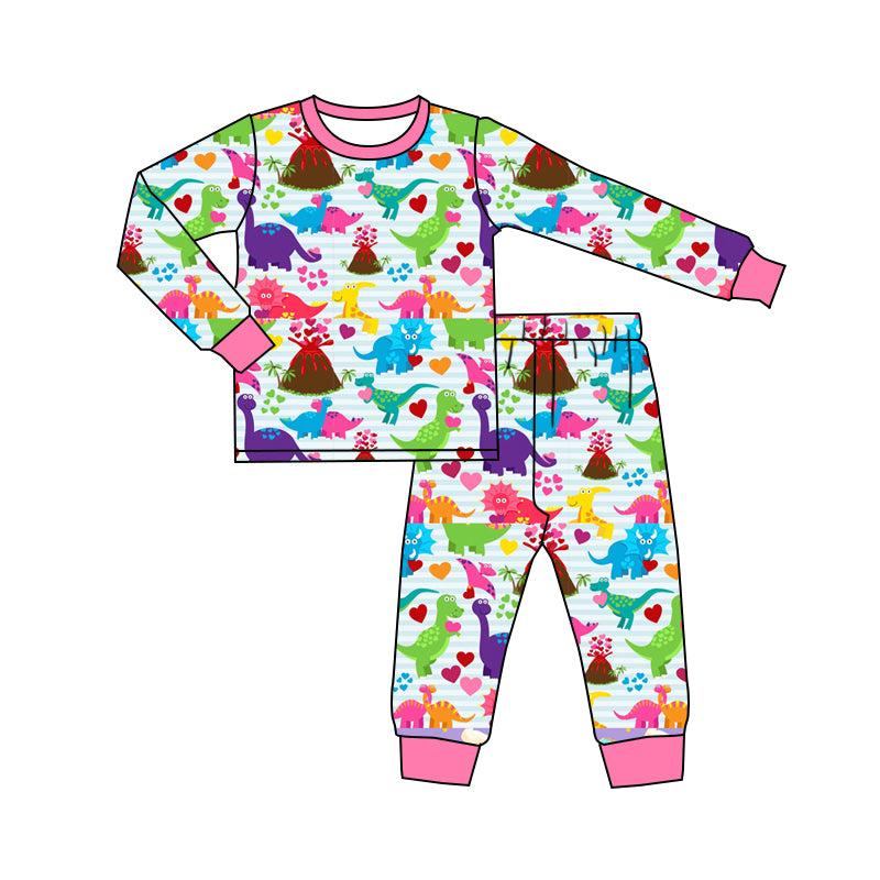 presale GLP2194 Valentine's Day Heart Dinosaur Striped Pink Long Sleeve Long Pants Pajama Set   2024 10.14