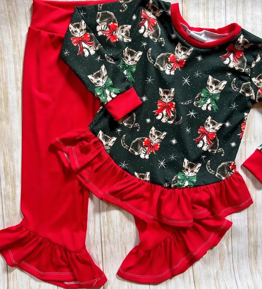 presale GLP2199 Christmas Kitten Red Lace Green Long Sleeve Pants Suit 2024 10.16