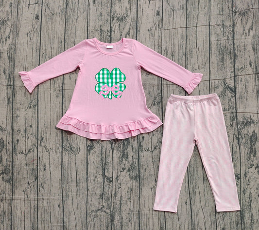 presale GLP2210 Four-leaf clover bow pattern pink lace long-sleeved striped trousers suit D 1025