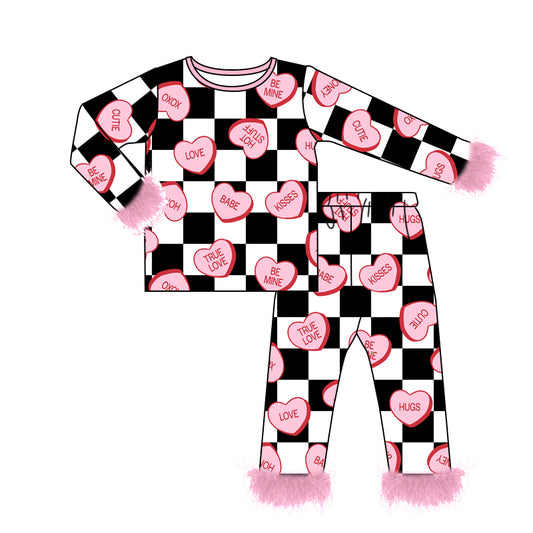 presale GLP2211 Letter love black and white plaid pink plush edge long sleeve long pants pajamas set 2024 10.22
