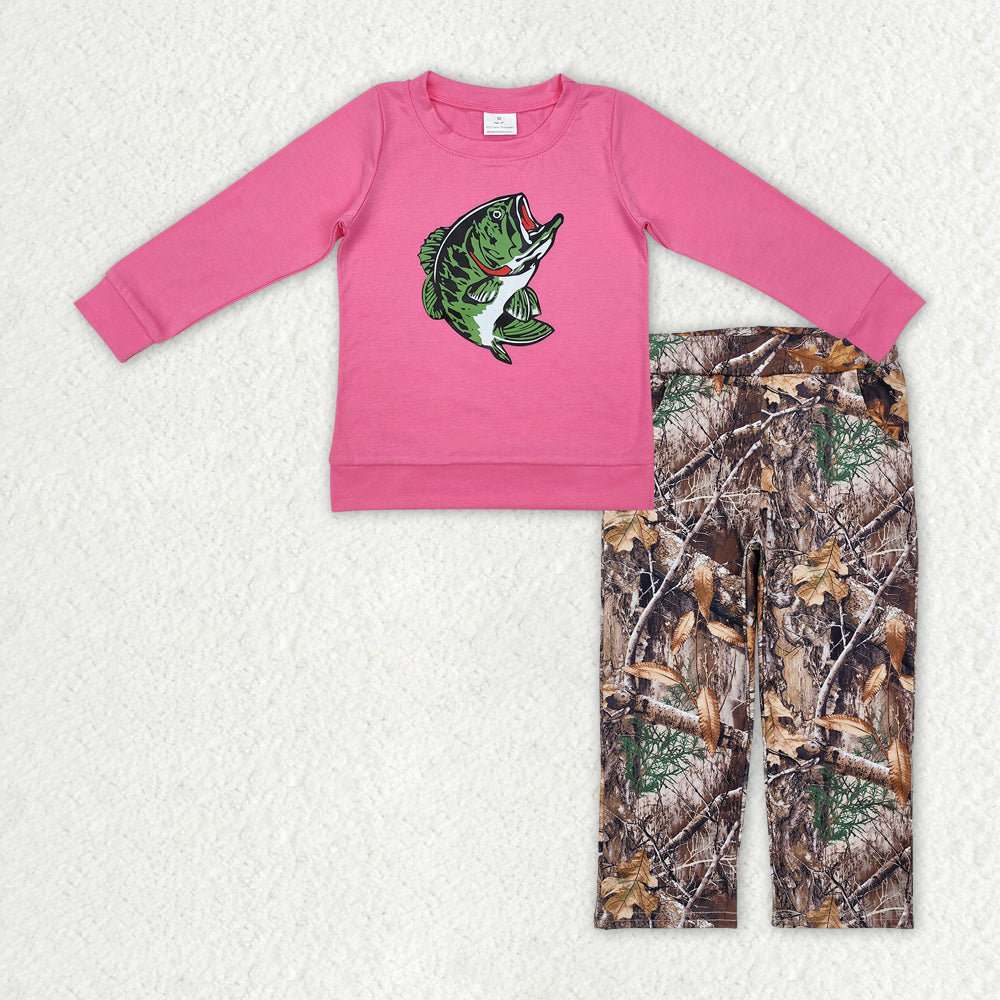 GLP2213  Baby Girls Hotpink Fishing Shirts Tops Camo Pants Clothes Sets