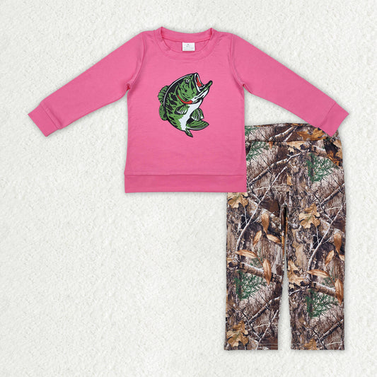GLP2213 Baby Girls Hotpink Fishing Shirts Tops Camo Pants Clothes Sets