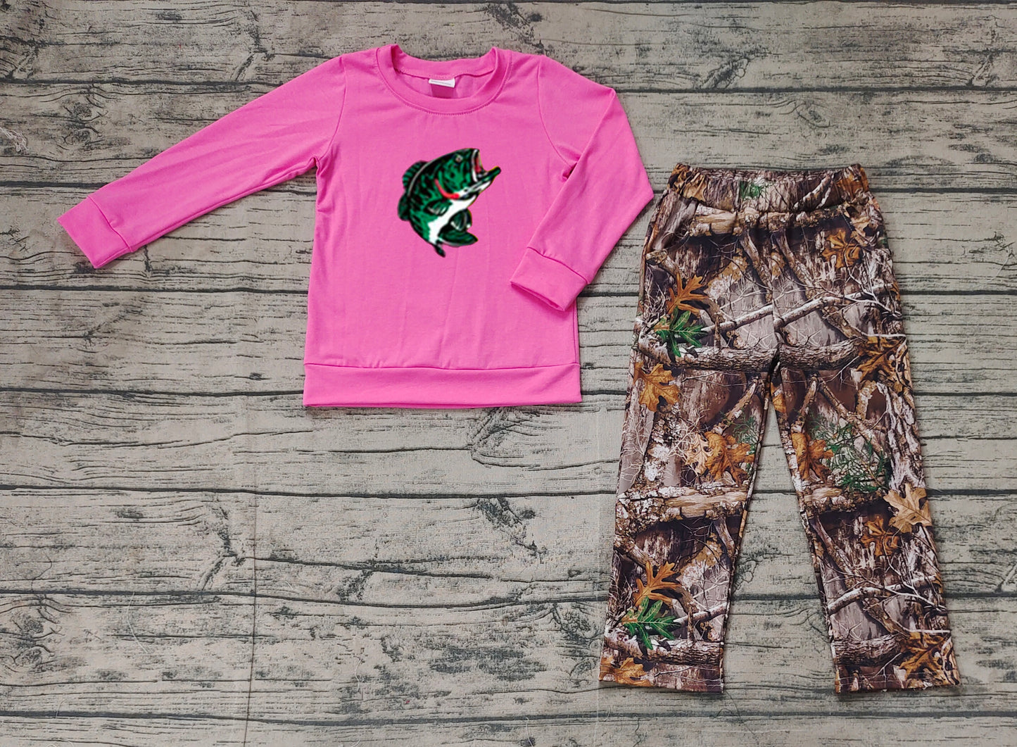 GLP2213  Baby Girls Hotpink Fishing Shirts Tops Camo Pants Clothes Sets