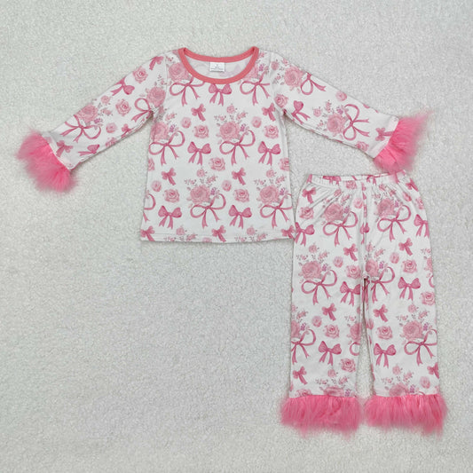 GLP2215 Beige long-sleeved and long-pants pajama set with flower and bow pattern and pink plush trim
