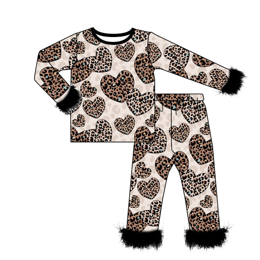 Presale GLP2216 Leopard Print Heart Black Plush Edge Long Sleeve Long Pants Pajama Set 2024 10.24