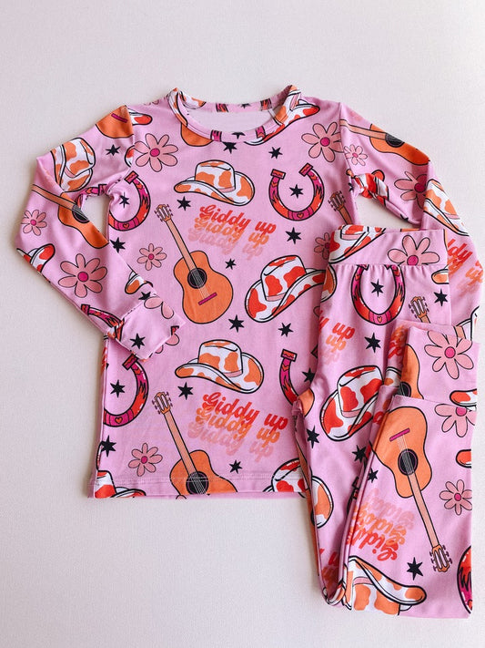 Presale GLP2217 Guitar cowboy hat star flower pink long sleeve long pants pajama set  2024 10.25