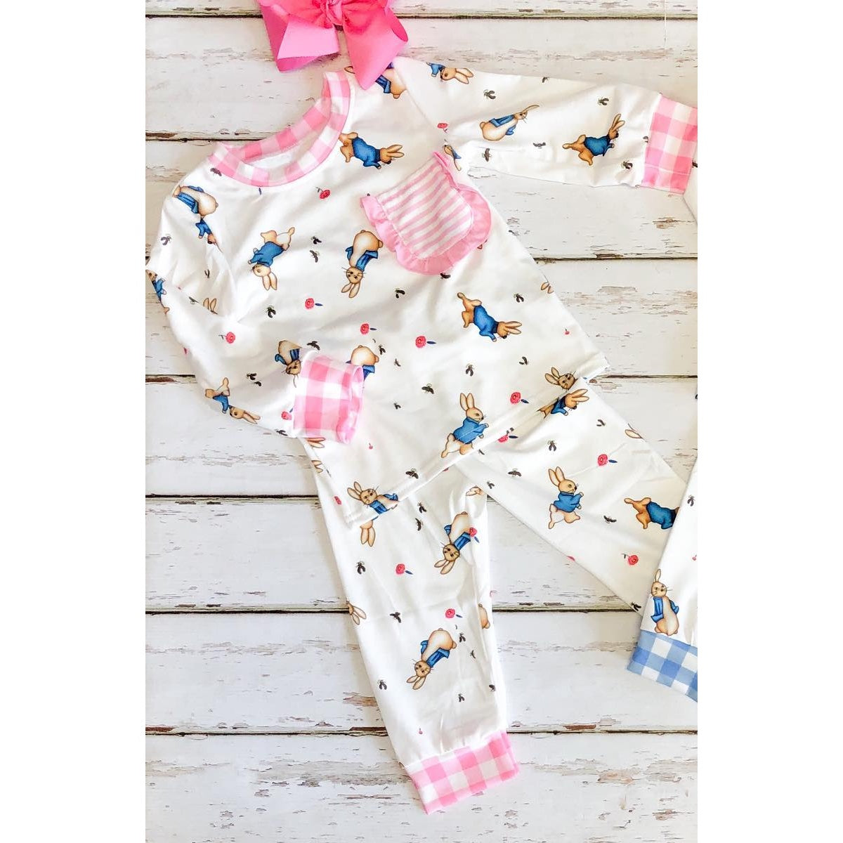 GLP2226  Easter Bunny Striped Lace Pocket White Long Sleeve Long Pants Pajama Set