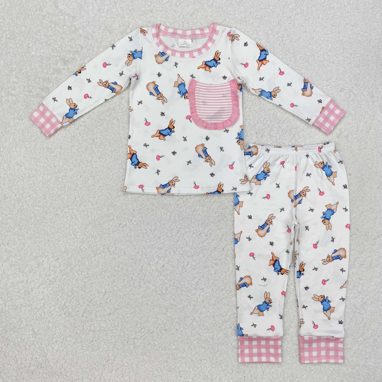 GLP2226  Easter Bunny Striped Lace Pocket White Long Sleeve Long Pants Pajama Set