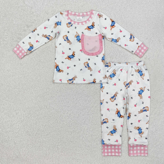GLP2226  Easter Bunny Striped Lace Pocket White Long Sleeve Long Pants Pajama Set