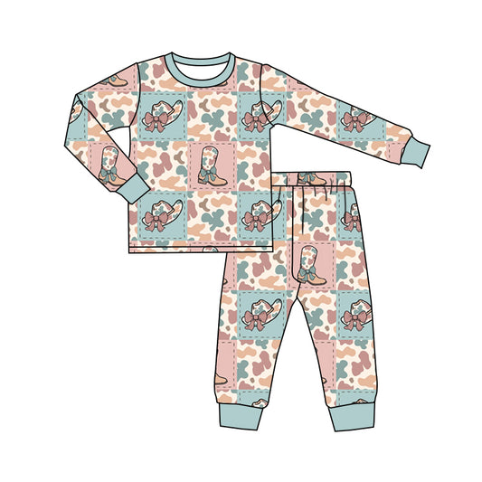 presale GLP2227 Bow tie cowboy hat boots camouflage plaid long sleeve pants pajama set  2024 10.30