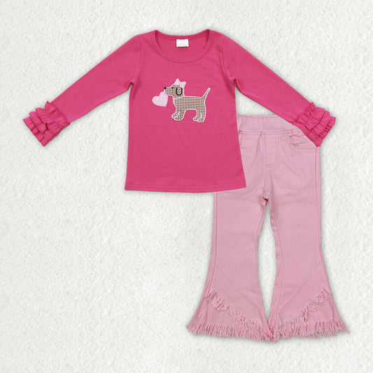 GLP2236 baby girls Valentine is dog heart shirt top pink fringe denim jeans pants clothes sets
