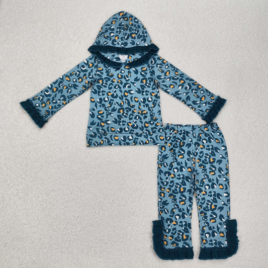 GLP2239  Leopard print teal lace hooded long-sleeved trousers set