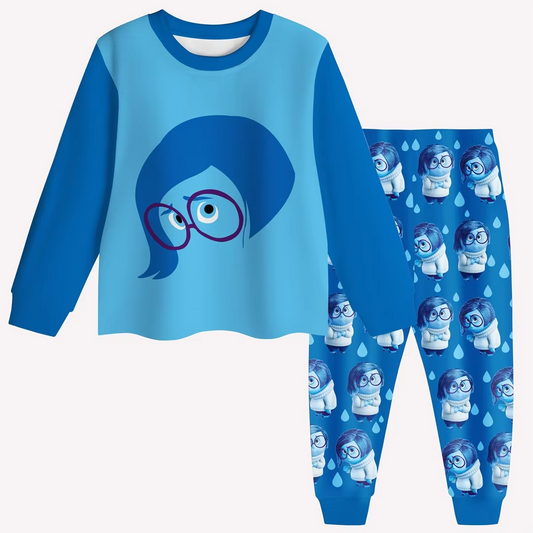 Custom MOQ 3-5 Cartoon expression eyes raindrops blue long sleeve long pants pajamas set