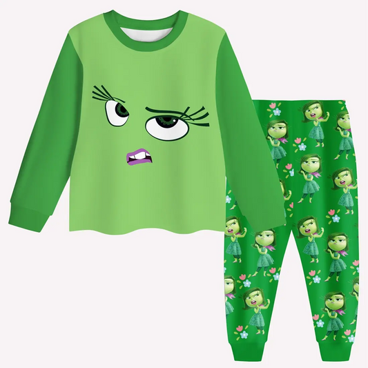 Custom MOQ3-5 Cartoon expression green long-sleeved trousers pajamas set