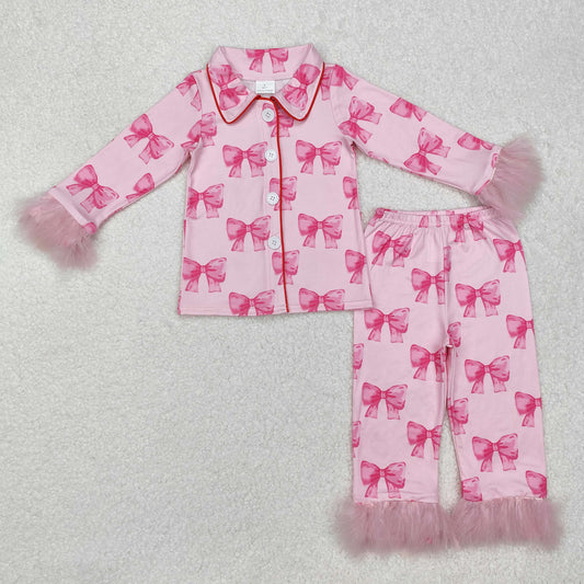 GLP2289 Pink long-sleeved and long-pants pajama set with bow pattern and plush trim