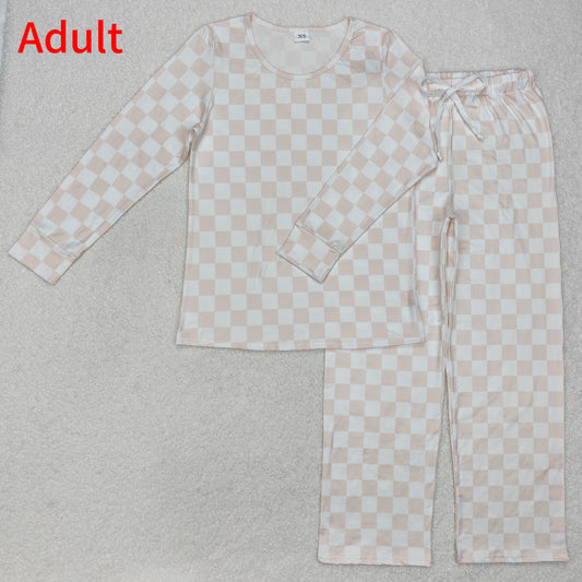 GLP2291 Adult Women Pink Checkered Long Sleeve Tops Pants Pajamas Outfits