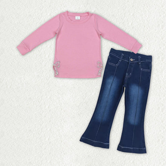 GLP2299 Baby Girls Pink Bows Shirts Navy Boots Jeans Denim Clothes Sets
